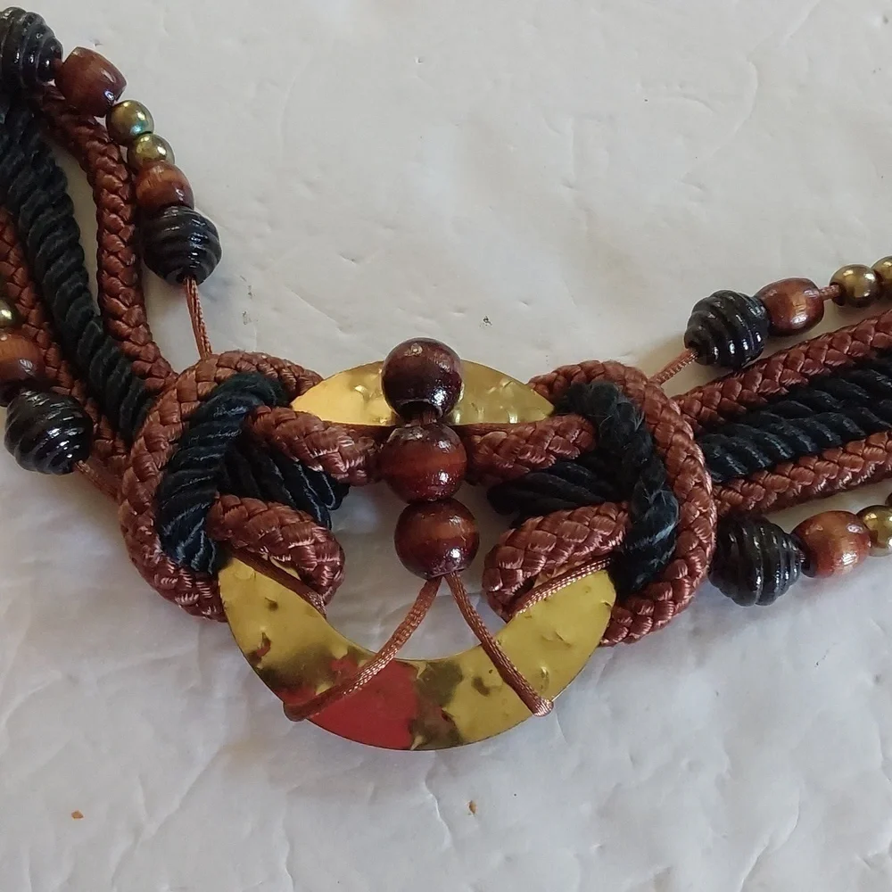 Women's Brown Cord Gold EMBLEM Beads Dress Belt Boho Neutral Sz. S/M